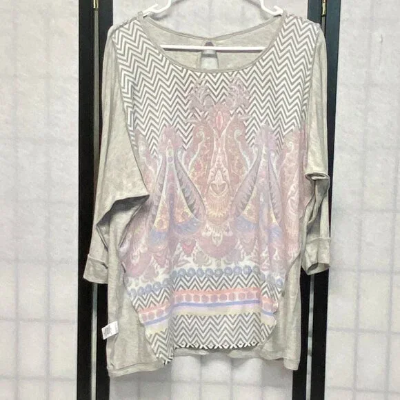 Bobeau Oversize Inset Print Front Keyhole Back Tunic Grey S Long Dolman Sleeve - Picture 5 of 13